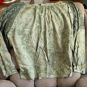 CJ Banks Green Paisley Blouse with Lace Sleeves
